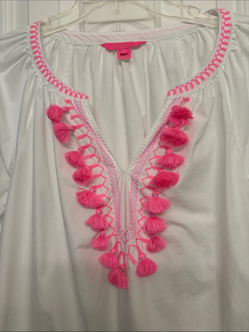 Lilly Pulitzer Kadence White  Tunic with Hot Pink Tassel & Embroidery - Picture 2 of 6